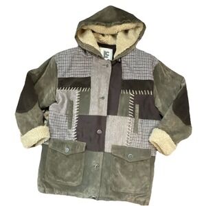 VTG JLC Womens Patchwork Leather Wool Tweed Quilted Liner Hooded Sherpa Coat M